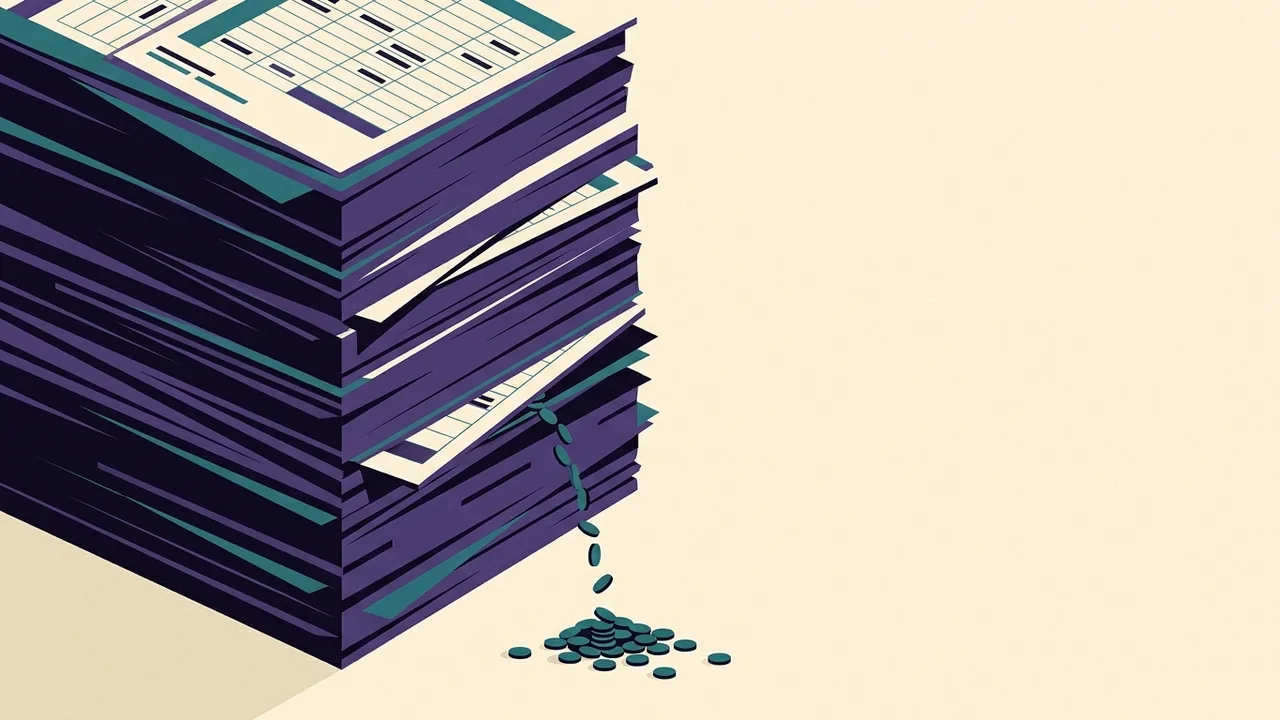 Pilha alta de planilhas de papel com um fio de moedas escorrendo pela base, formando uma poça no chão sem ninguém perceber