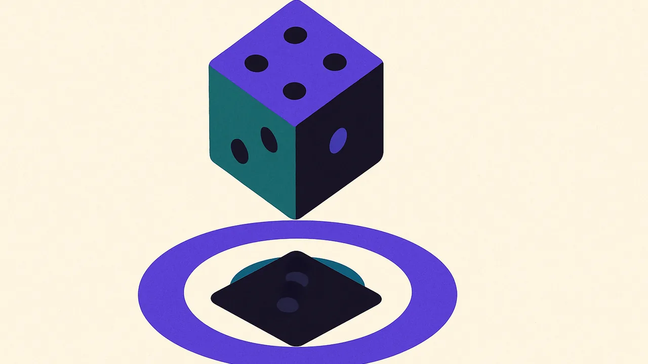a single die suspended in the air above a target, its shadow showing a different face