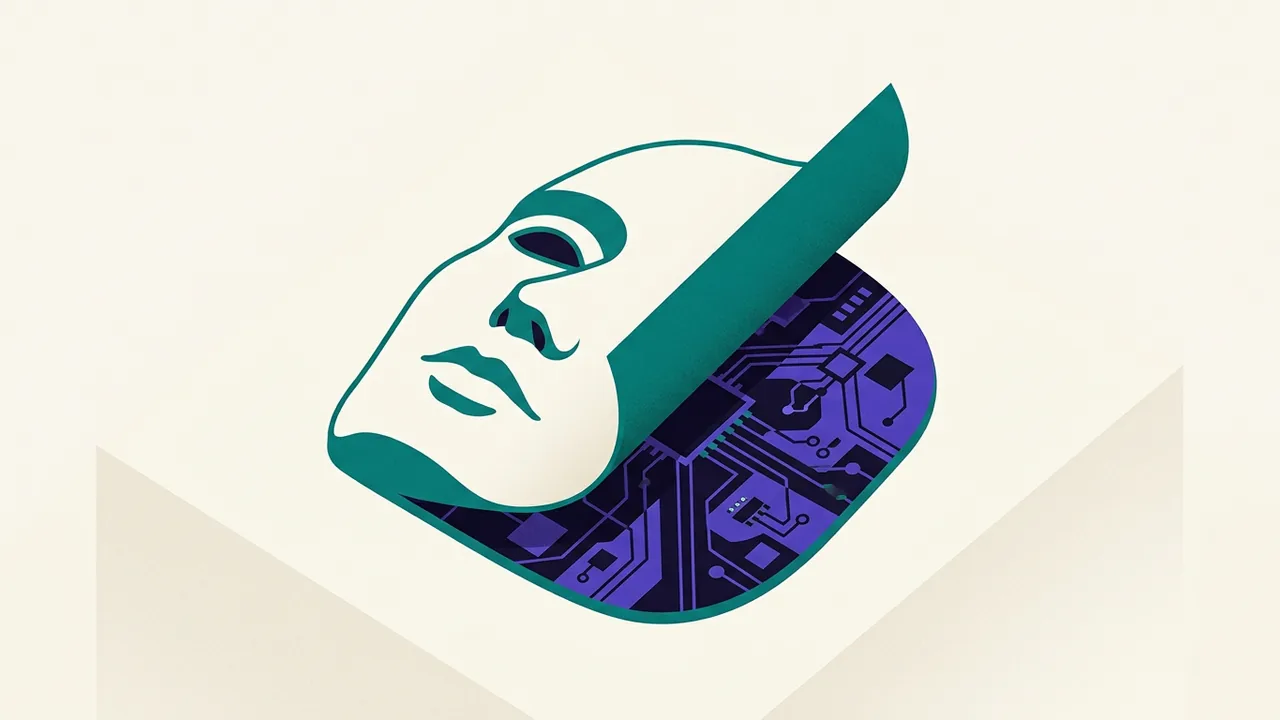 a mask lying flat on a surface, half removed, revealing circuitry underneath where a face should be