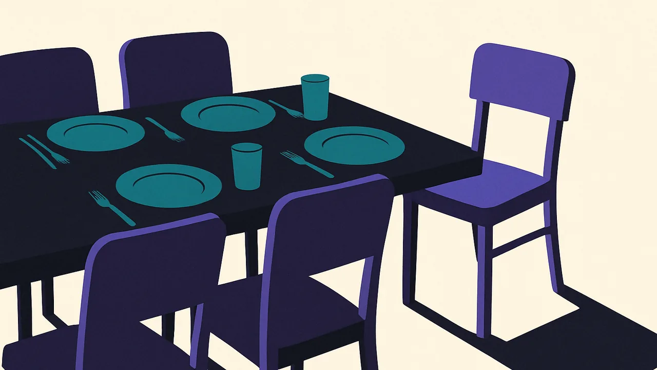 an extra chair pulled up to a crowded table, set but nameless