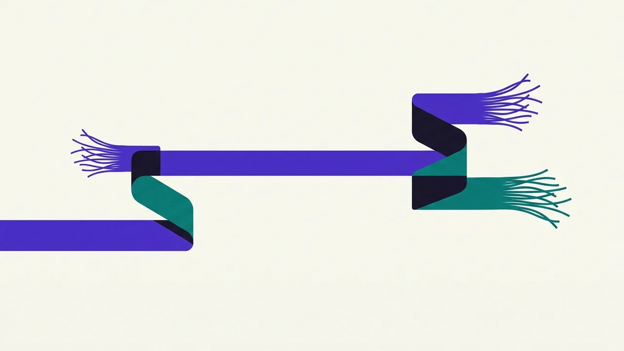 a finish line tape stretched across empty space, both ends fraying into threads that dissolve into nothing