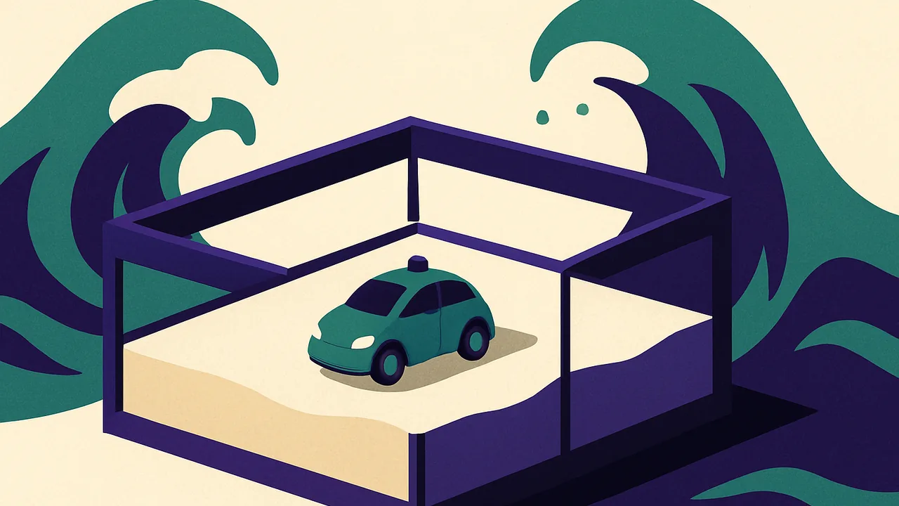 a small autonomous car inside a clear sandbox while turbulent waves smash against the outside walls
