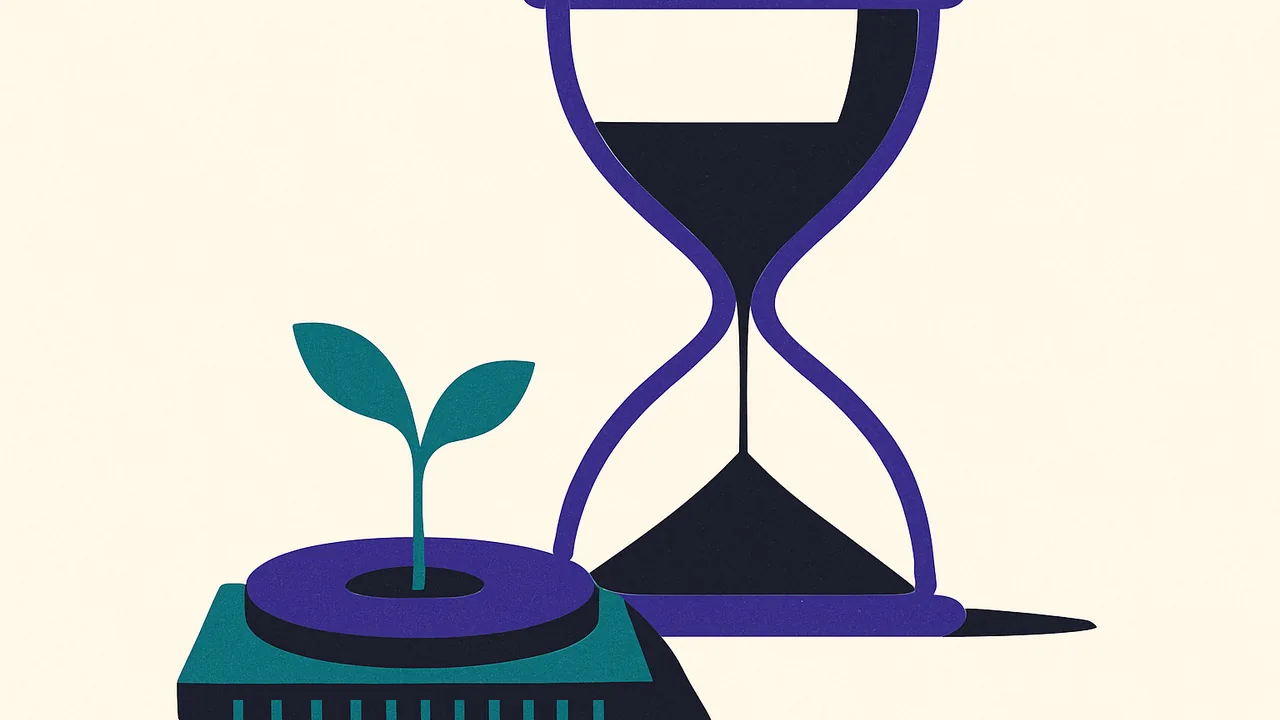 a small sprout emerging from a silicon wafer under a looming hourglass