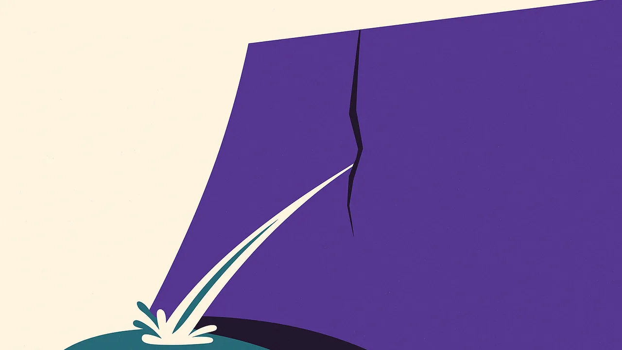 a tiny crack in a solid dam letting a thin jet of water spray through