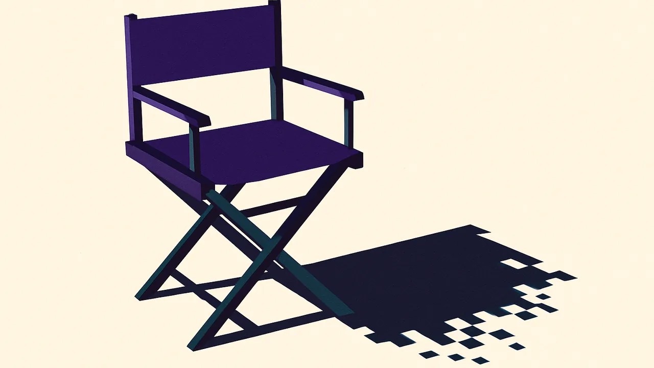 an empty director’s chair casting a pixelated shadow on the floor
