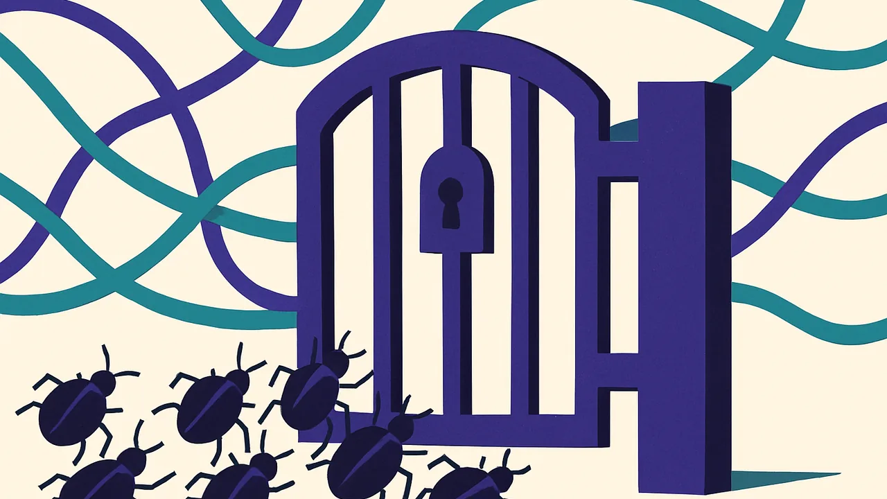 a sturdy gate blocking a tangled web of cables while countless small metallic insects press against it