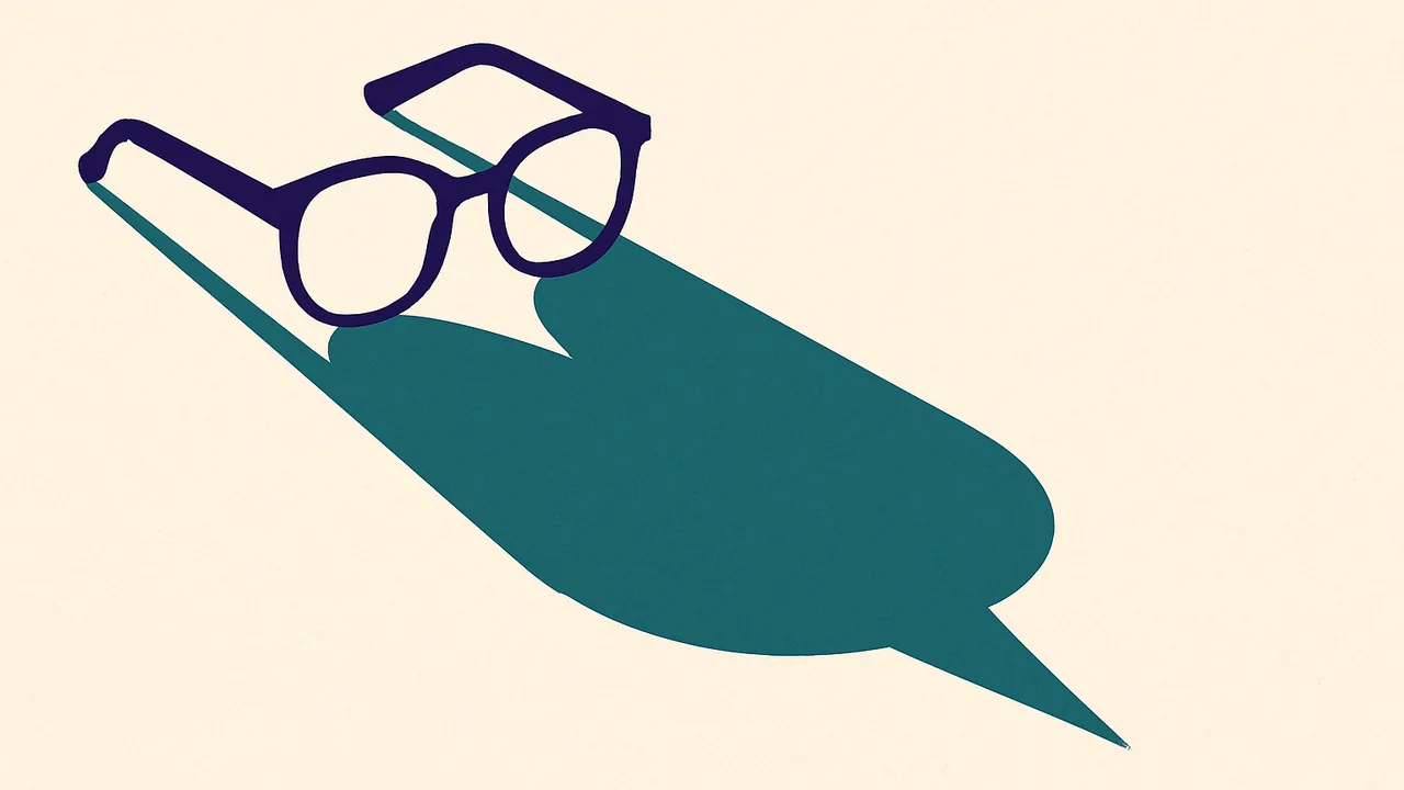 a pair of eyeglasses casting a long, growing shadow shaped like a dialogue bubble
