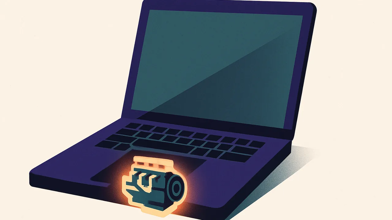 a laptop with its lid open, a small glowing engine visible inside where the trackpad would be
