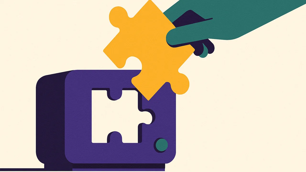 a simple household gadget with an empty slot where a bright puzzle piece is being inserted