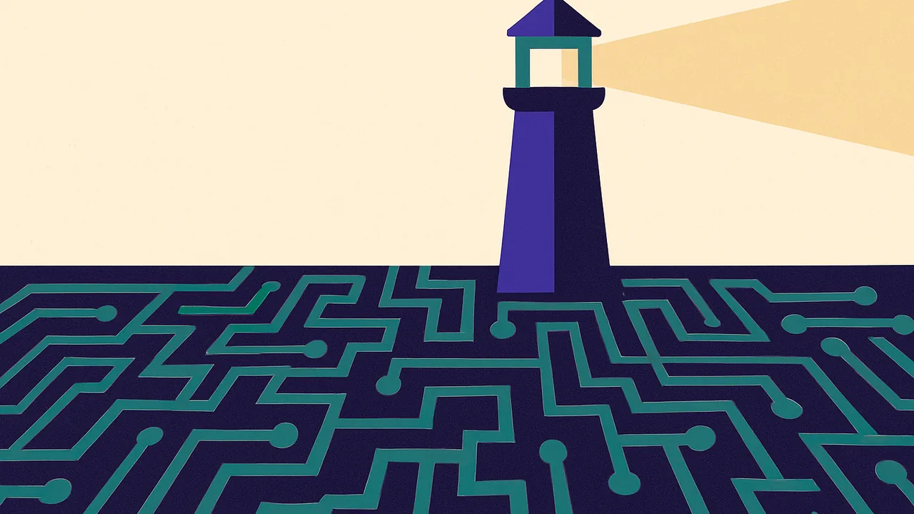 a lighthouse shining over a dense maze of circuitry