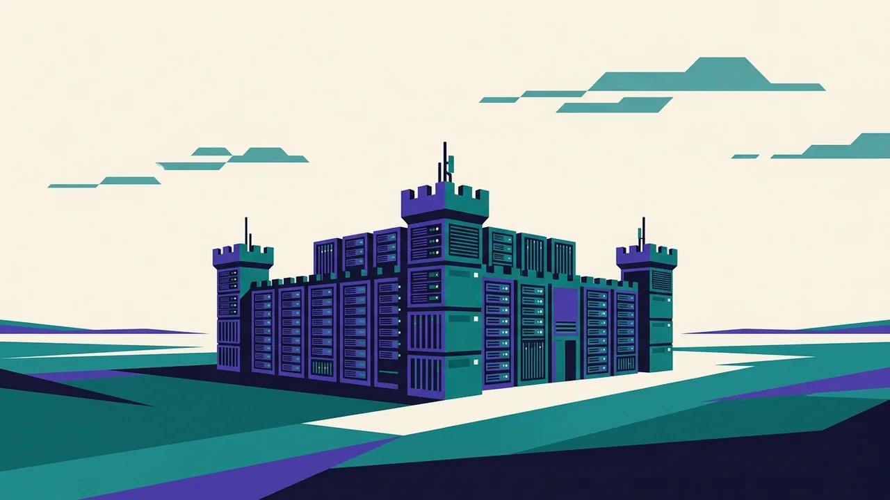 a fortress made of server racks standing alone on open ground, its walls solid and self-contained