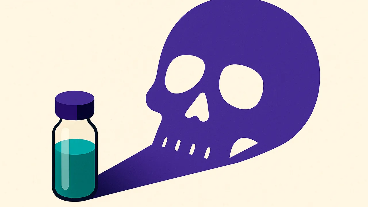 a small laboratory vial casting an oversized skull-shaped shadow
