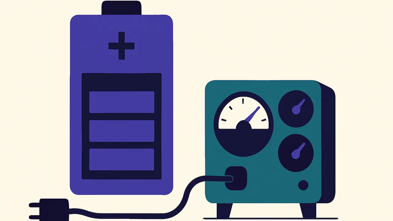 an oversized battery plugged into a small machine, all gauges pinned to maximum