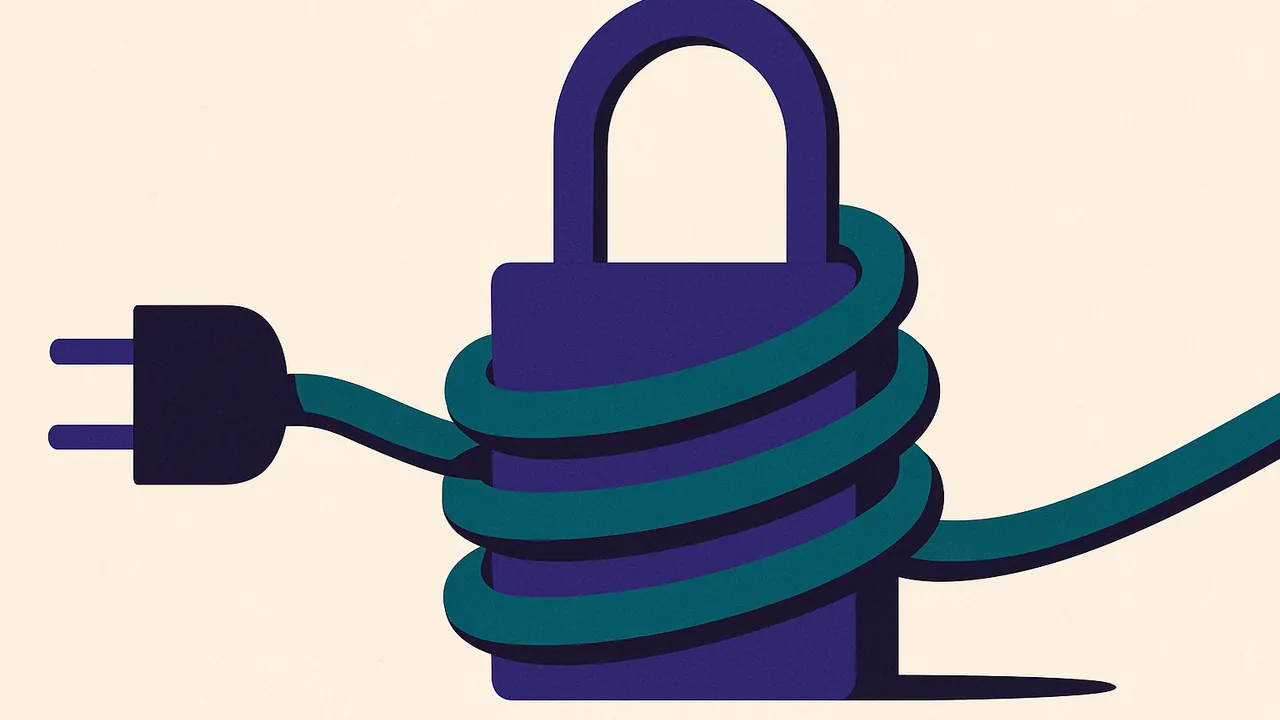 a thick power cable wrapped tightly around a closed padlock