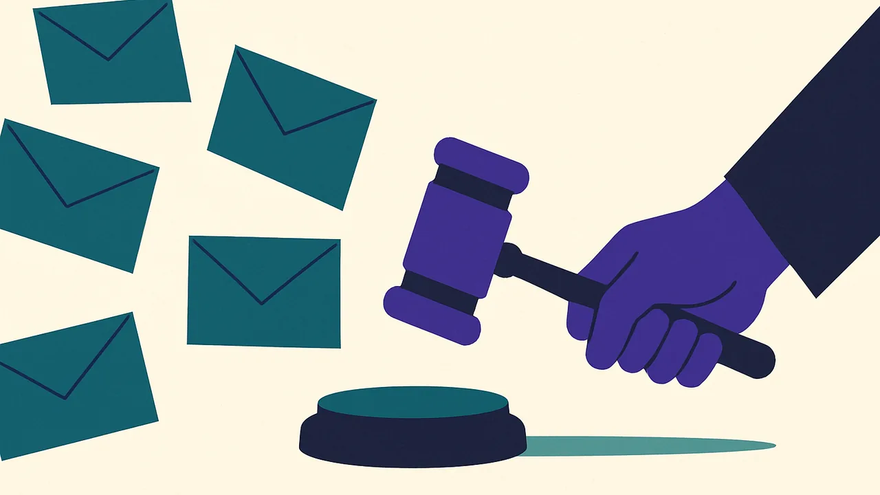a small judge's gavel stopping a stream of flying envelopes