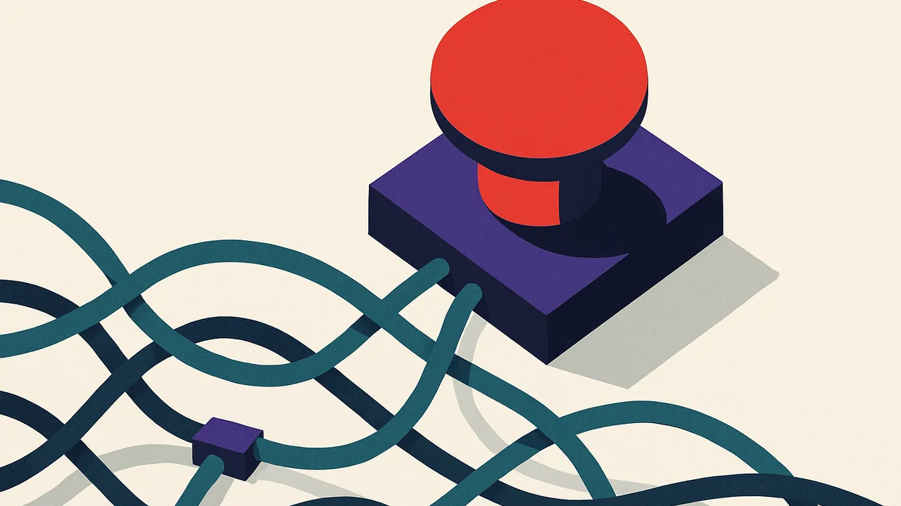 a large red emergency stop button looming over a web of cables