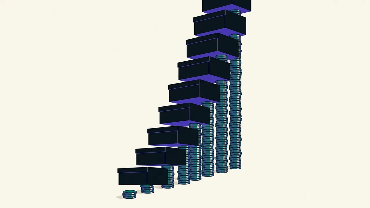 a towering stack of identical black boxes, each one held up by a thin column of coins that grows taller beneath it