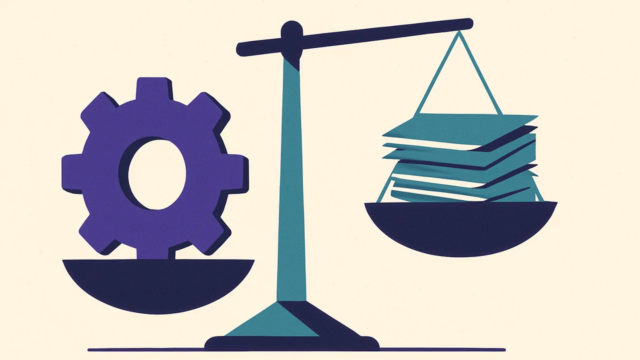 a single heavy gear on one side of a balance scale outweighing a pile of documents