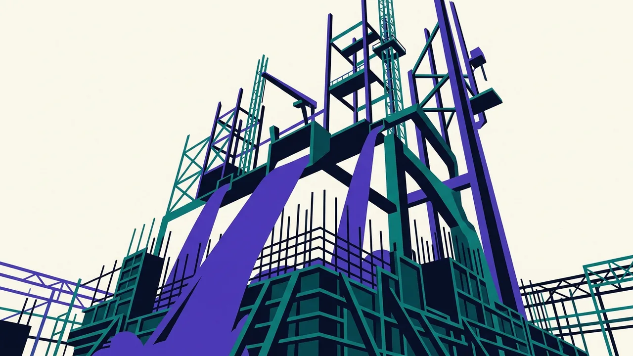 a massive foundation being poured while the structure above is already under construction, concrete flowing into steel frames that rise skyward