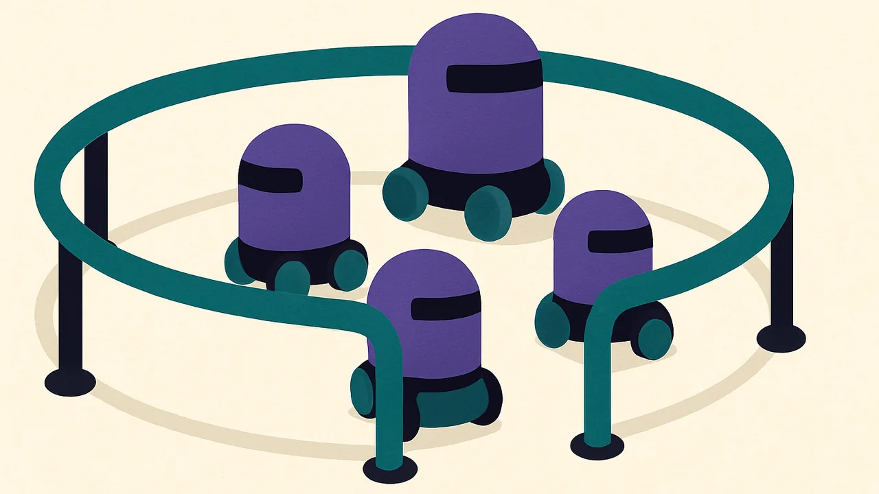 a sturdy guardrail encircling a cluster of small autonomous robots