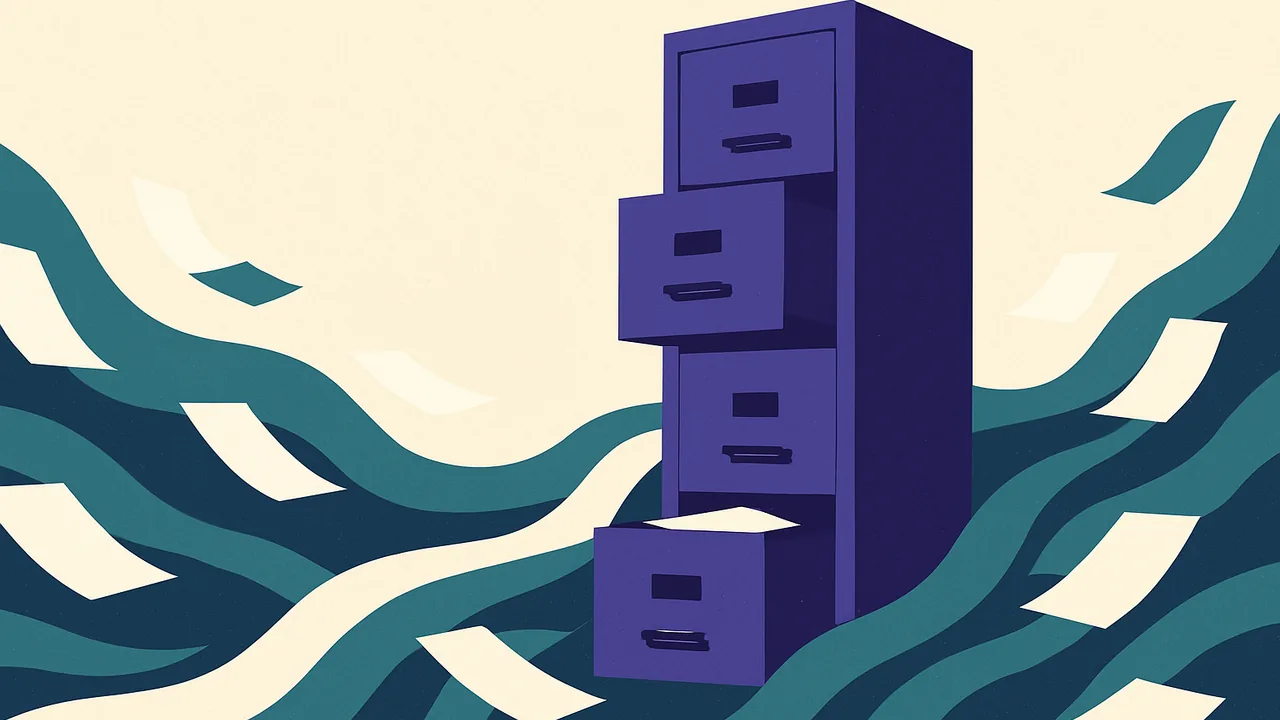 a towering filing cabinet with drawers slightly open, papers streaming in from all directions like rivers