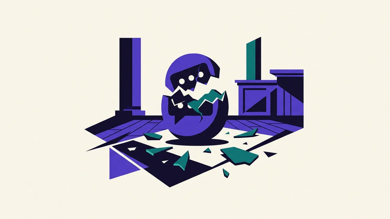 a single chatbot message bubble cracked open like an egg, sharp fragments scattered across a courtroom floor