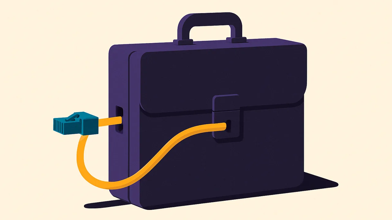 a heavy closed briefcase with a bright data cable threaded through its lock