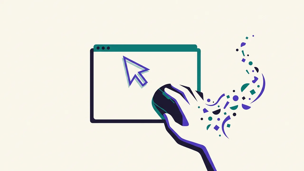 a cursor hovering over a browser window, but the hand holding the mouse has dissolved into flowing particles