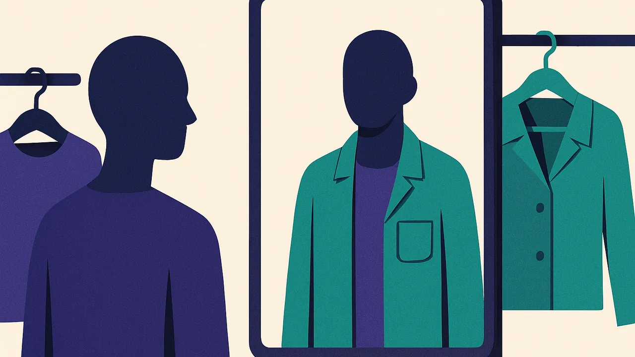 a fitting room mirror showing clothes neatly aligning onto a faceless silhouette