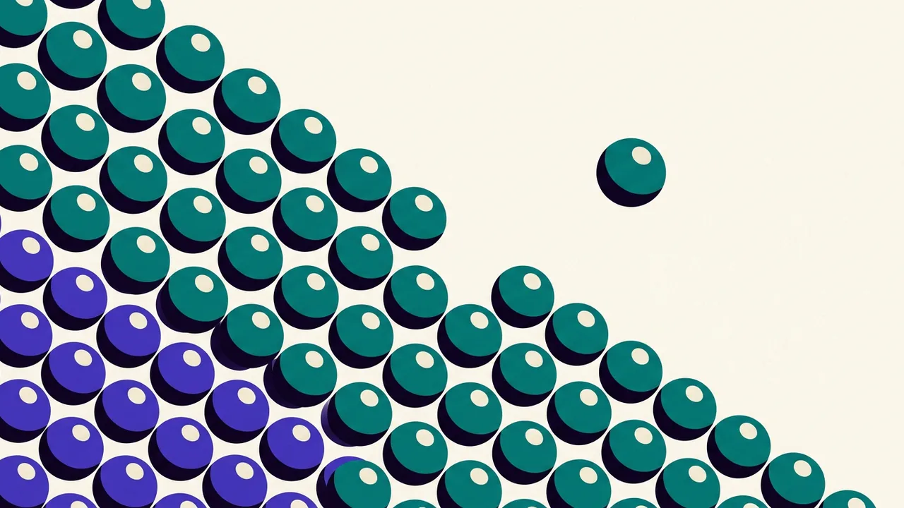 a swarm of identical spheres moving in formation, one breaking away from the pattern while the others continue in perfect sync