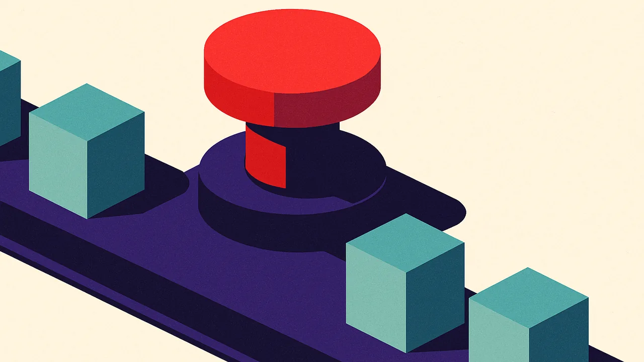 a large red emergency stop button pressed down on a conveyor of blank cubes