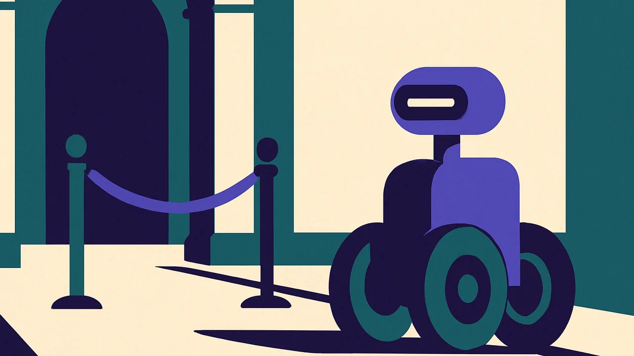 a wheeled robot halted before a velvet rope barrier inside a grand hallway
