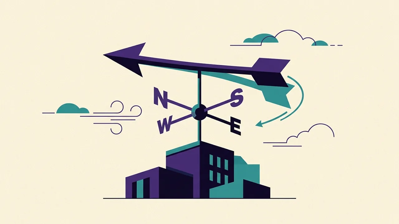 a weathervane spinning mid-turn, its arrow pointing in the exact opposite direction from moments before