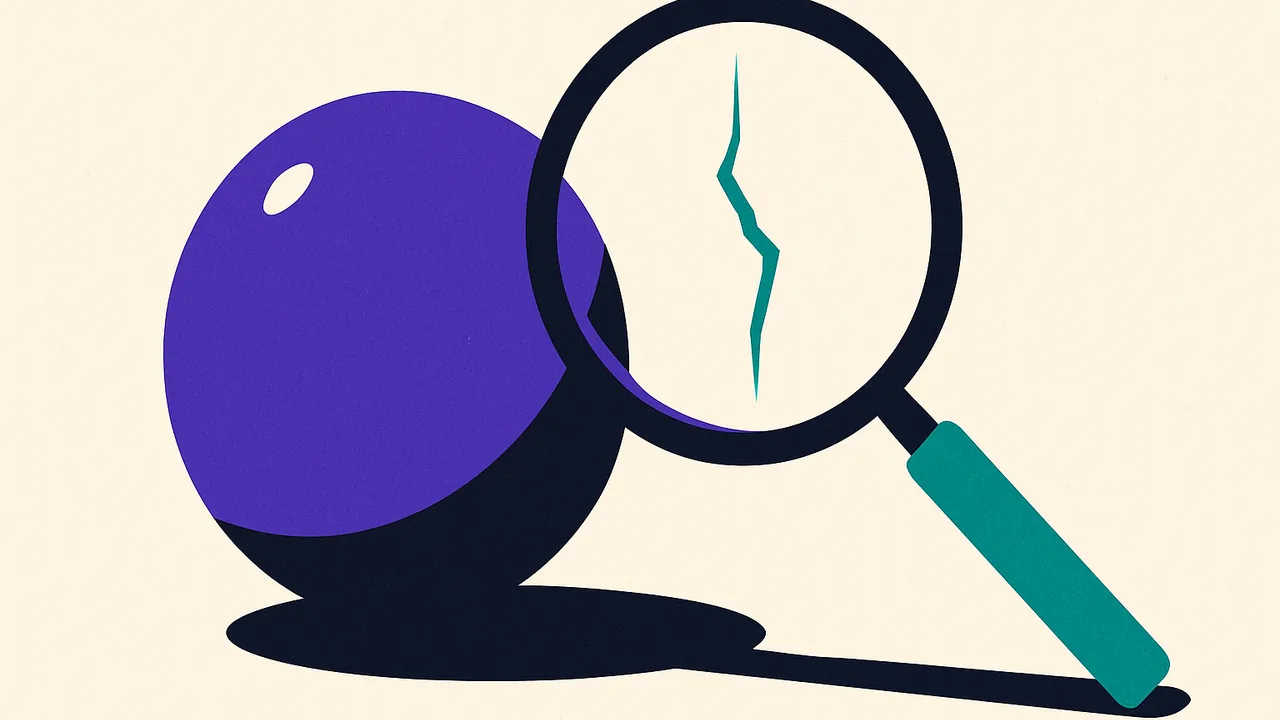 a magnifying glass revealing a thin crack on a polished metal sphere