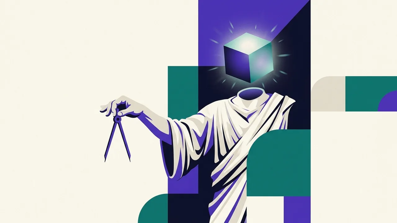 a classical marble statue of a mathematician holding a compass, but its head has been replaced by a glowing digital cube