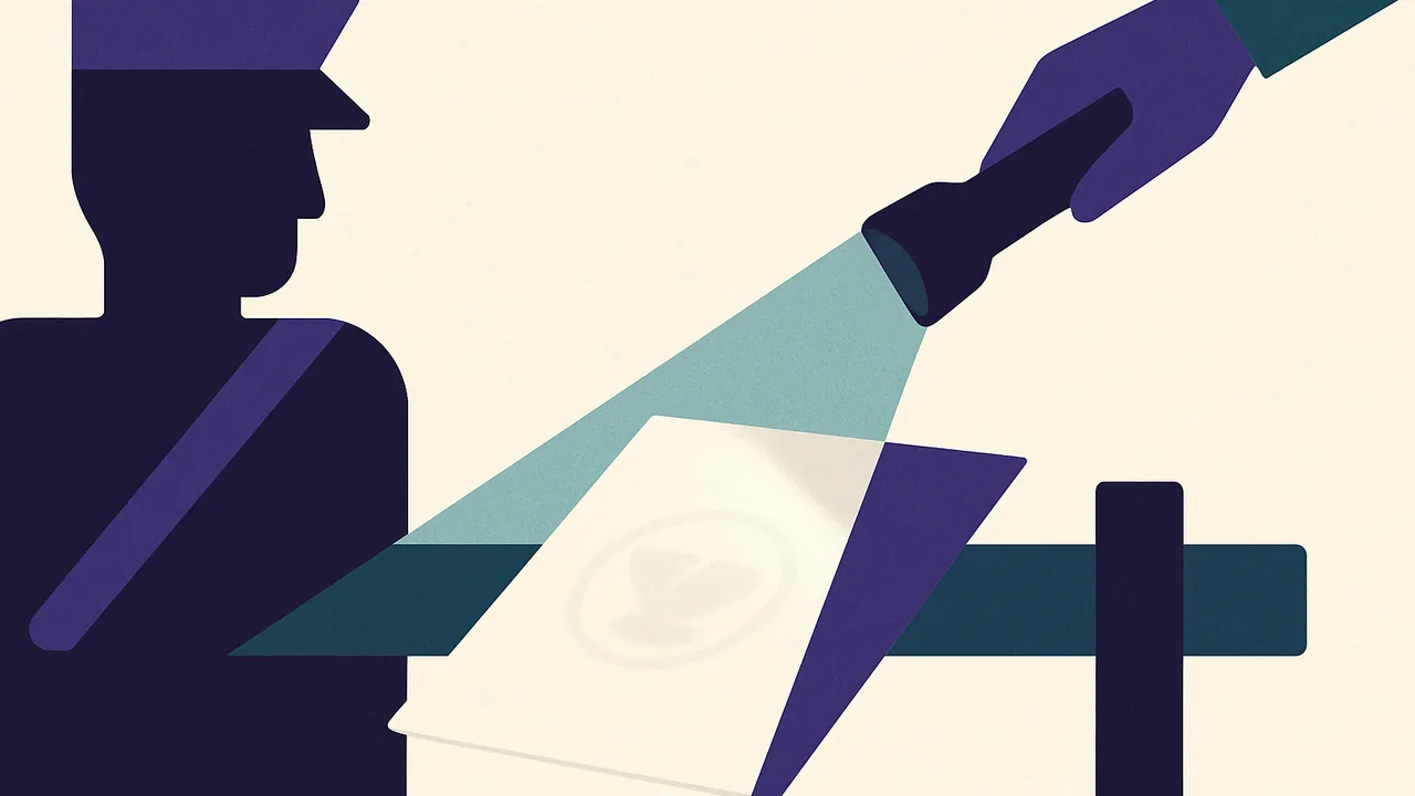 a sheet of paper at a border checkpoint bearing a faint invisible stamp revealed only by angled light