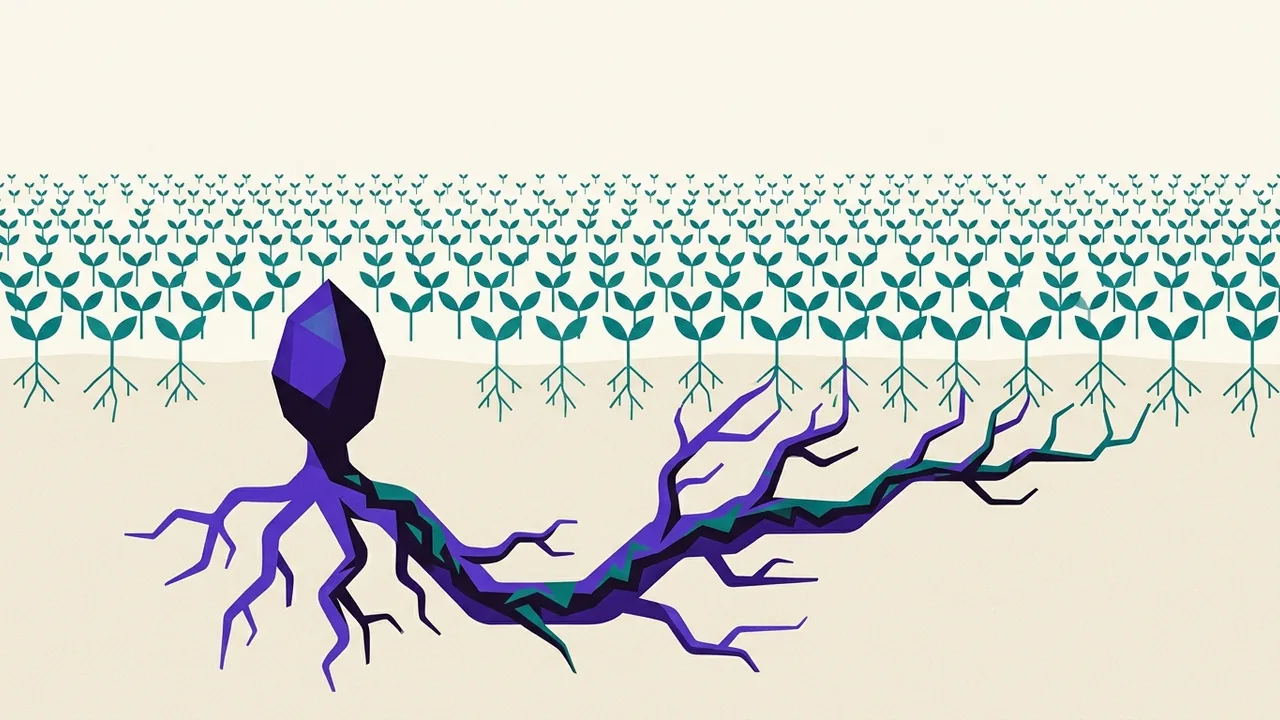a single poisoned seed planted in fertile soil, roots spreading underground toward thousands of healthy plants