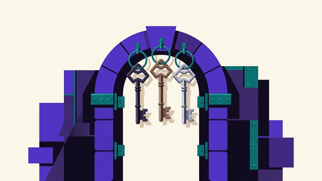 a fortress gate with three different keys hanging on its arch, each key identical in shape but cast from different metals