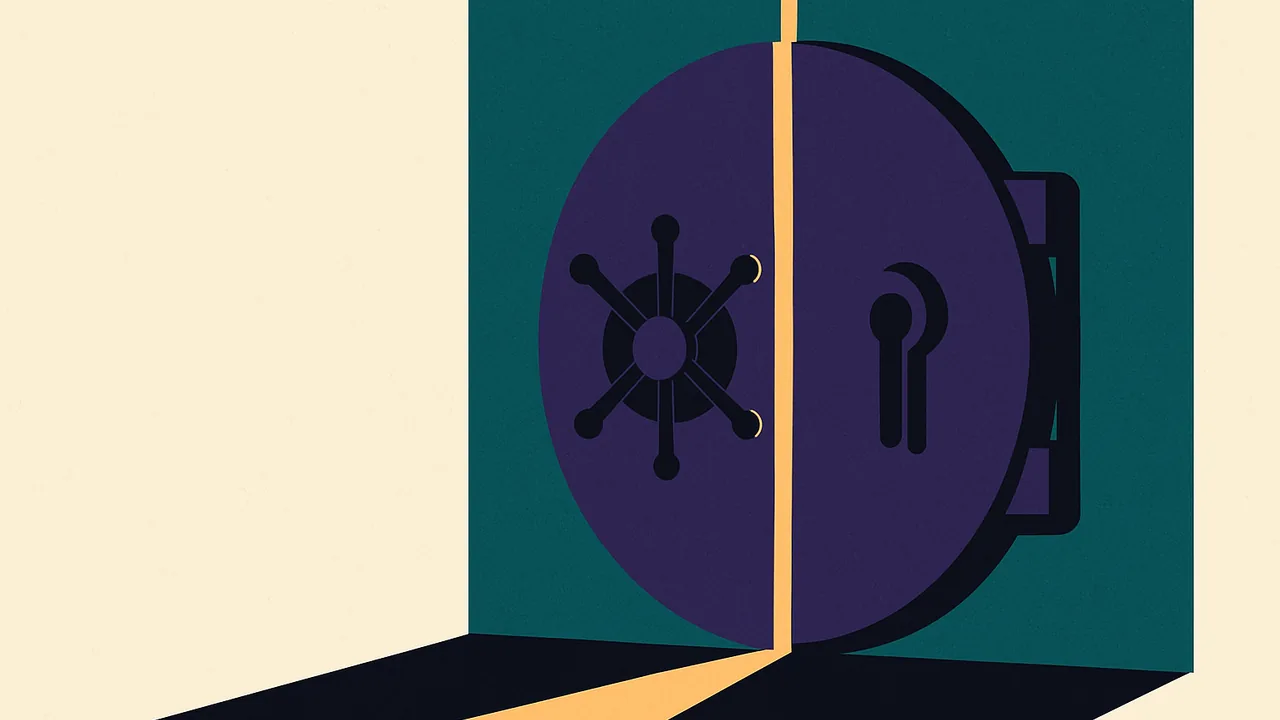 a locked vault door with a thin beam of light seeping through a hairline crack