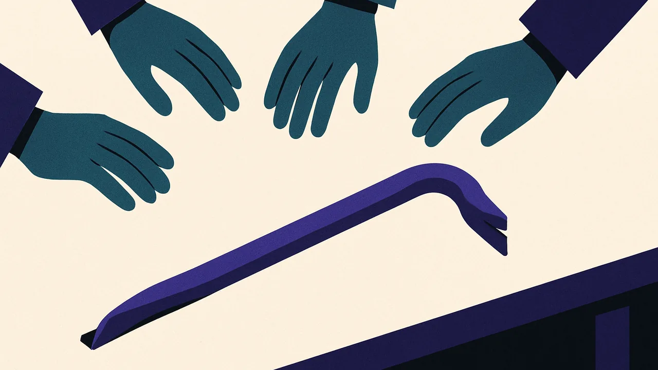 one crowbar on a table being reached for by four identical gloved hands