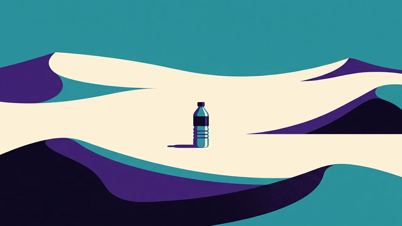 a water bottle half the size it should be, standing alone in vast empty desert