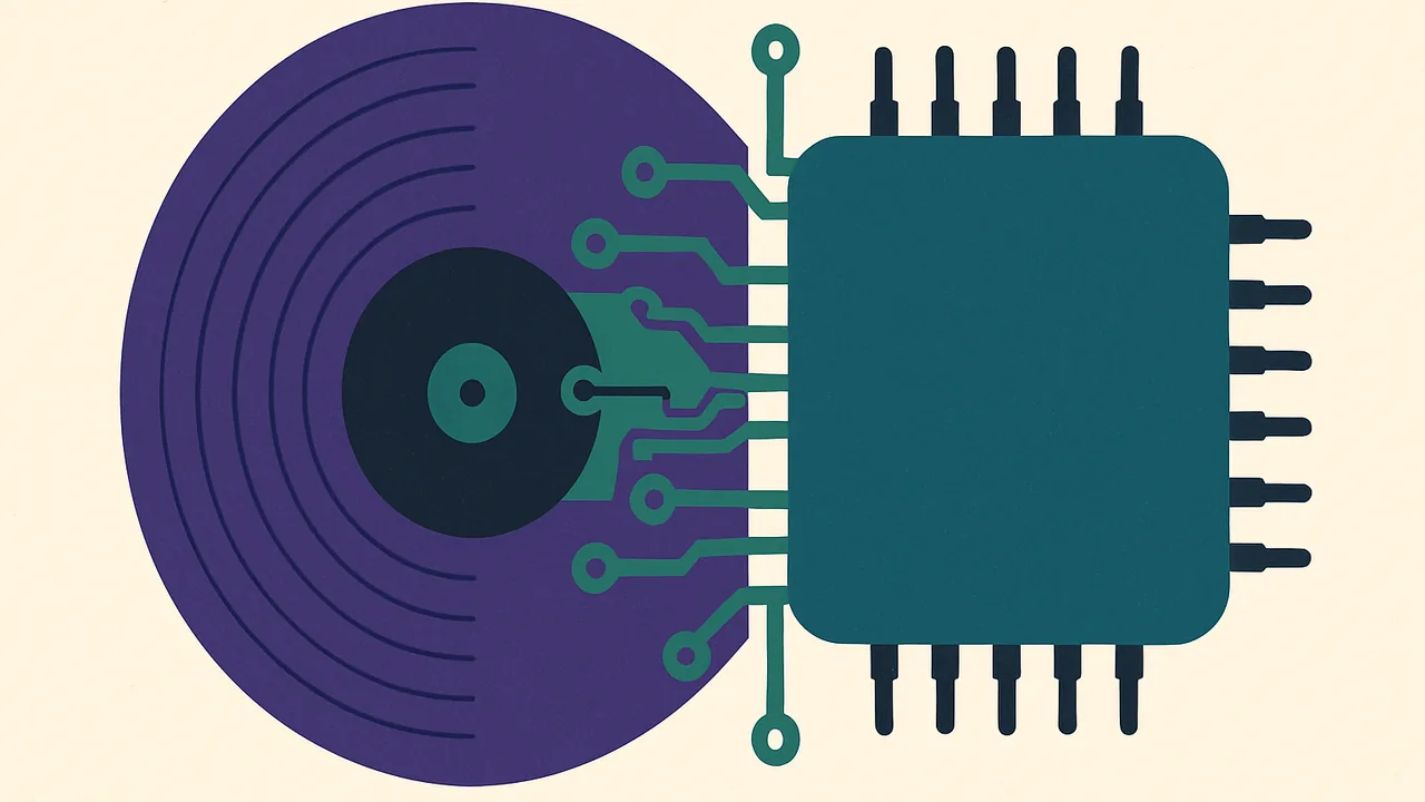 a vinyl record morphing into a microchip at the edge where grooves turn to circuits