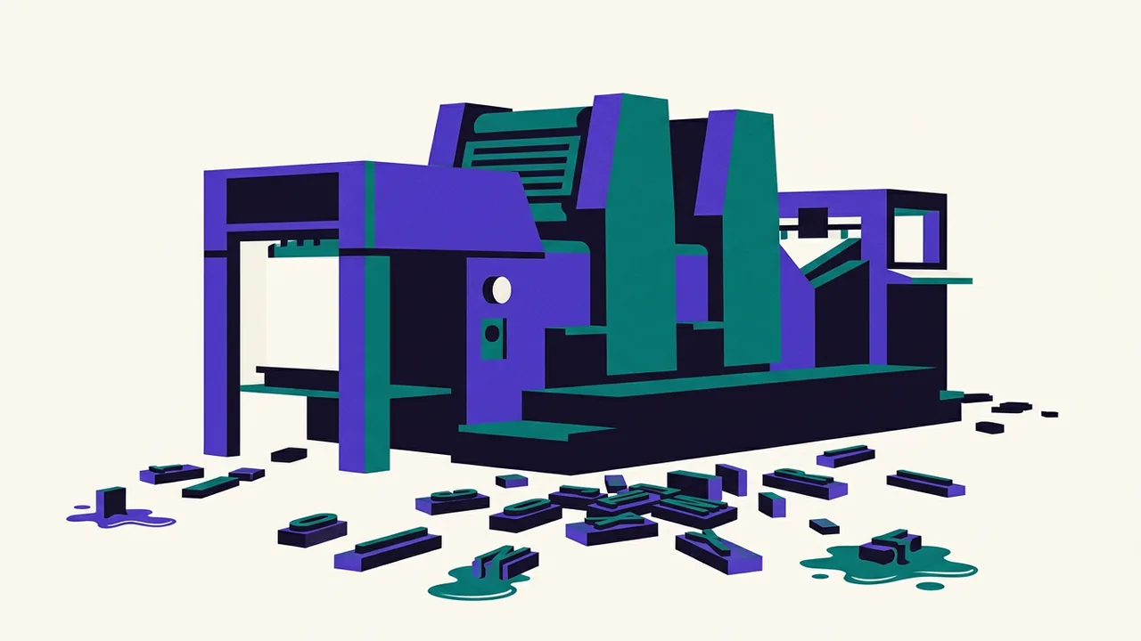 a printing press with its metal type scattered across the floor, some pieces already melting into liquid
