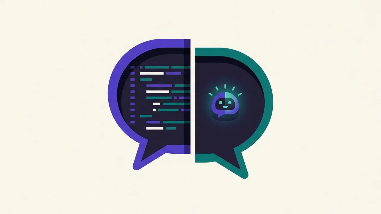 a chat bubble split down the middle, one half filled with lines of code, the other half containing a small glowing assistant icon, both seamlessly merged into a single unified shap