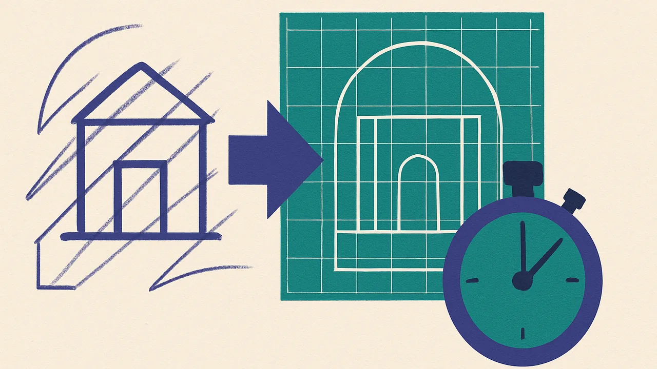 a rough pencil sketch morphing into a precise architectural blueprint beside a silent stopwatch