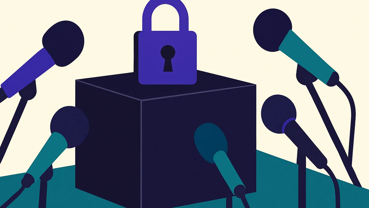 a heavy locked black box on a table surrounded by microphones pointing at it