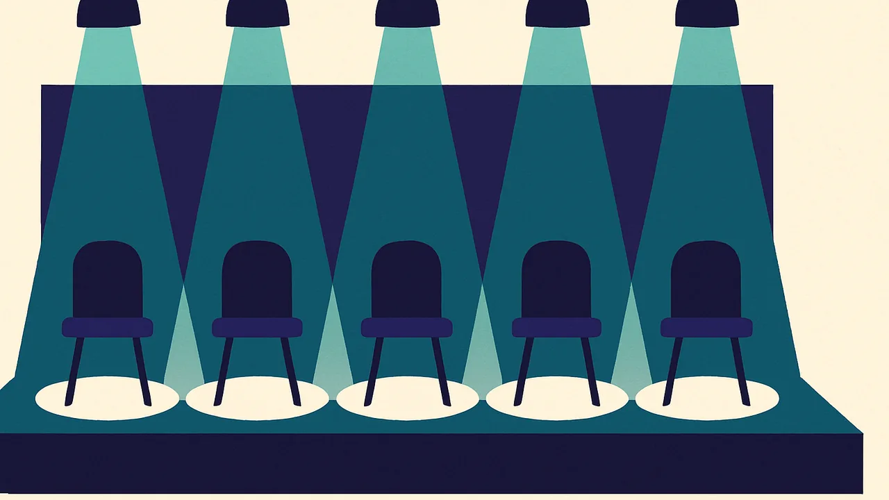 an empty conference stage with five spotlights shining on five chairs