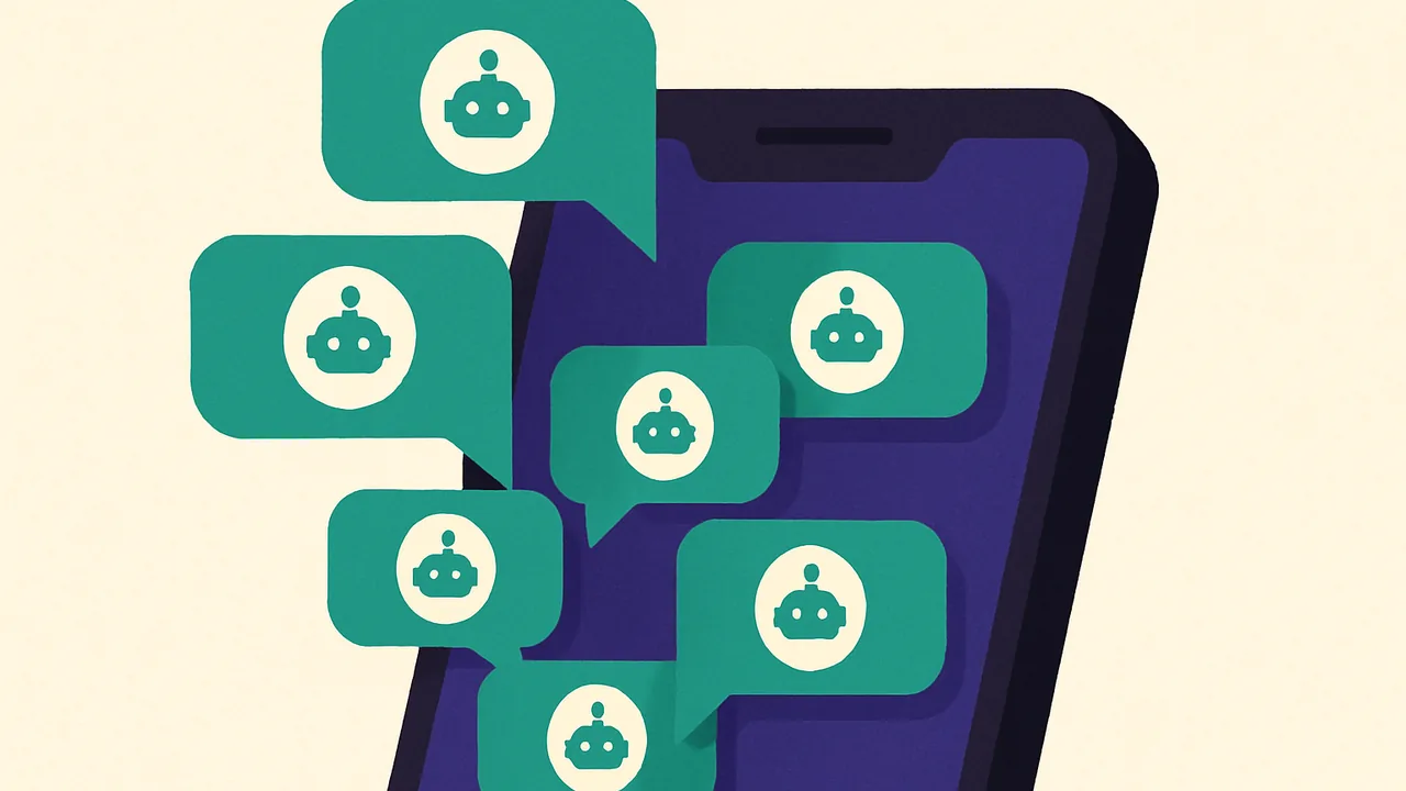 a smartphone screen overflowing with chat bubbles, each bubble showing a small generic bot icon