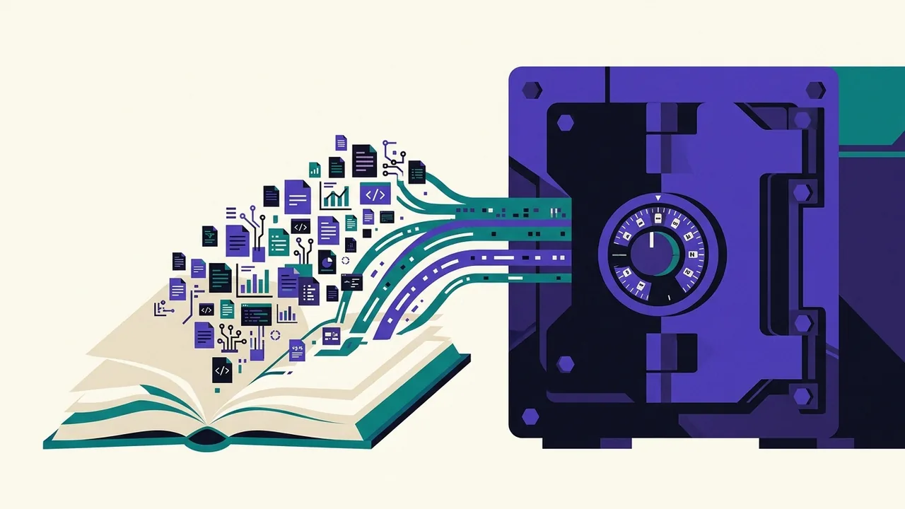 a thick book lying open, its pages dissolving into data streams that flow into a locked vault with no visible keyhole