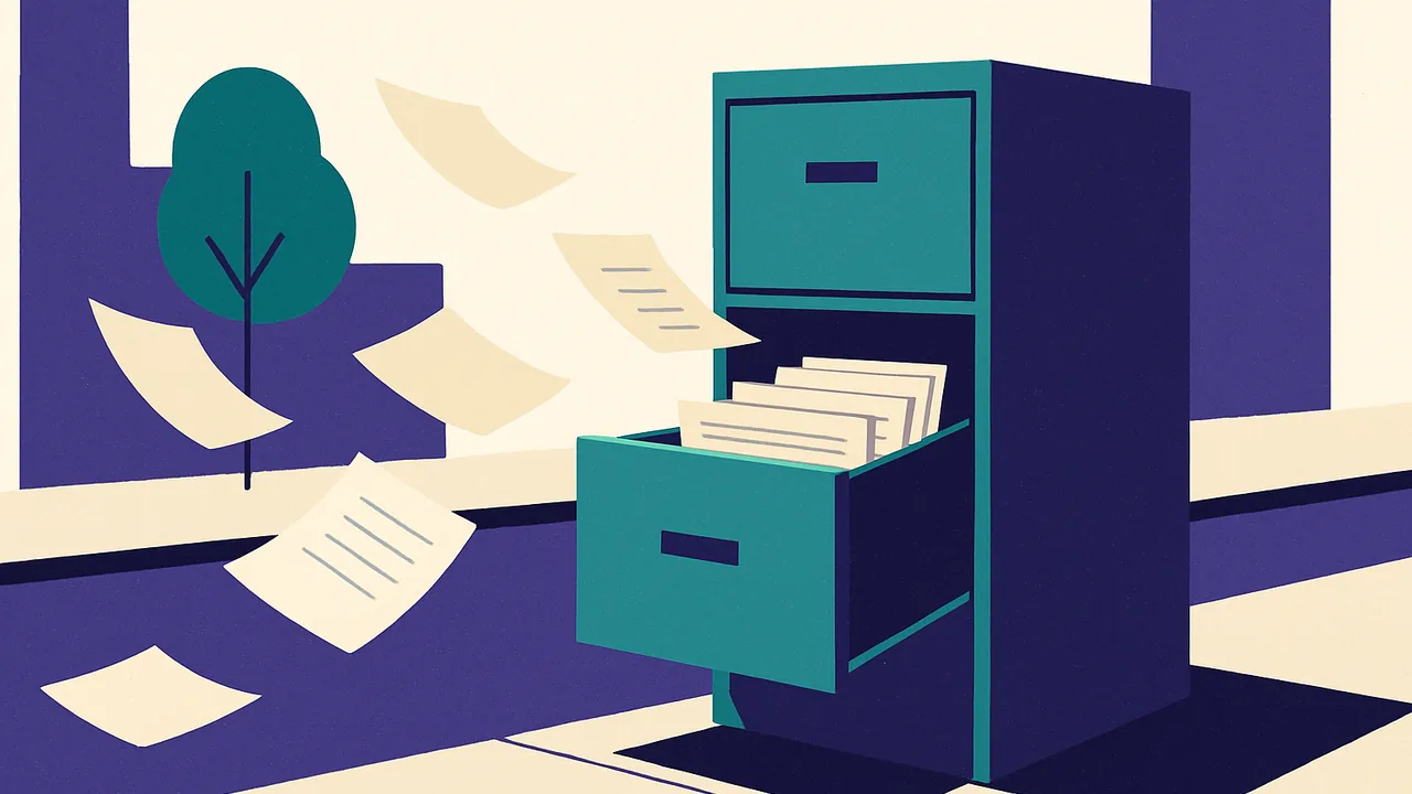 an open filing cabinet on a busy sidewalk, papers fluttering out